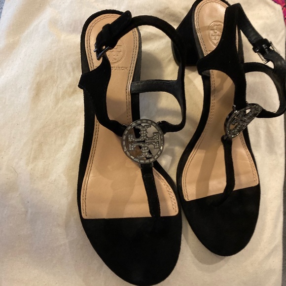 Tory Burch Black Suede and rhinestone crystal logo heels - Picture 5 of 10